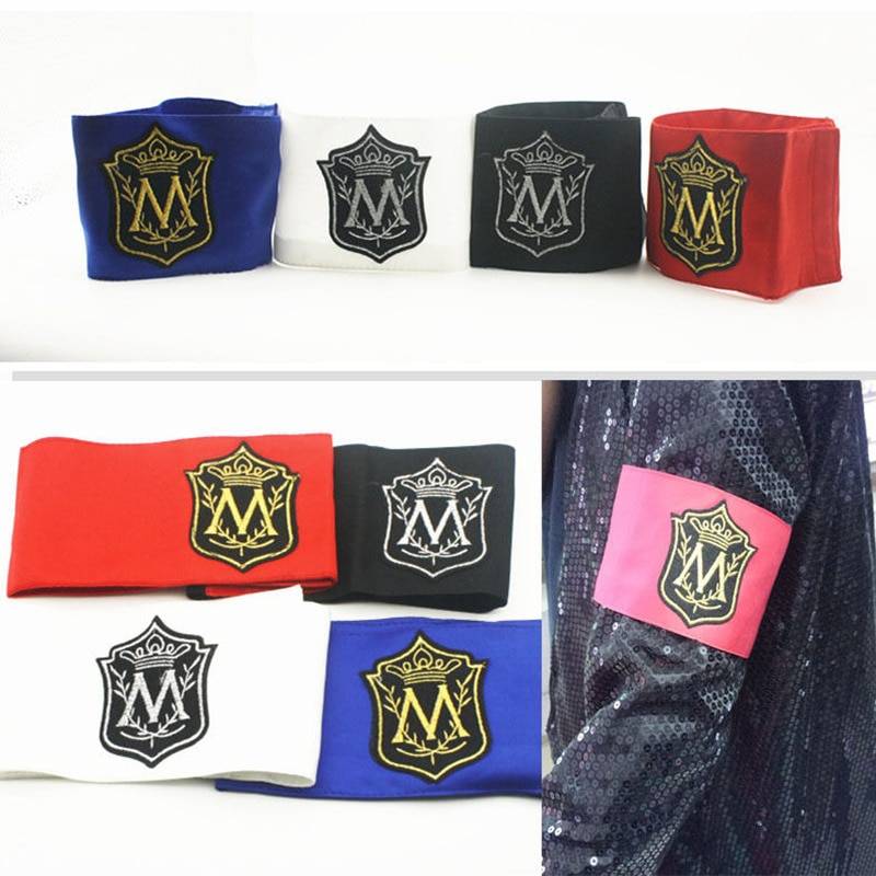 MJ In Memory Of Michael Jackson Classic M Letter Stitchwork MagicTape Red Black Punk Fashion Printing Arm-band Arm Warmers Costumes cb5feb1b7314637725a2e7: Black|Black and Red|red