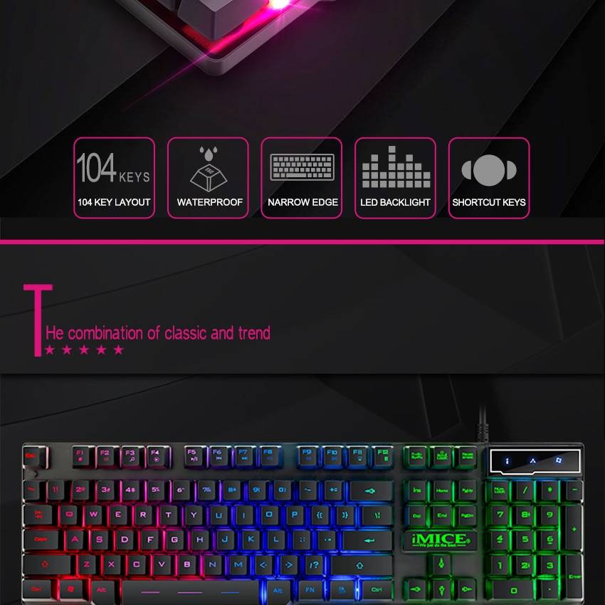 iMice Gaming Keyboard 7 Colors LED Backlit USB Wired Gamer Keyboard Professional Gaming Keyboard for PC Desktop Laptop Computer