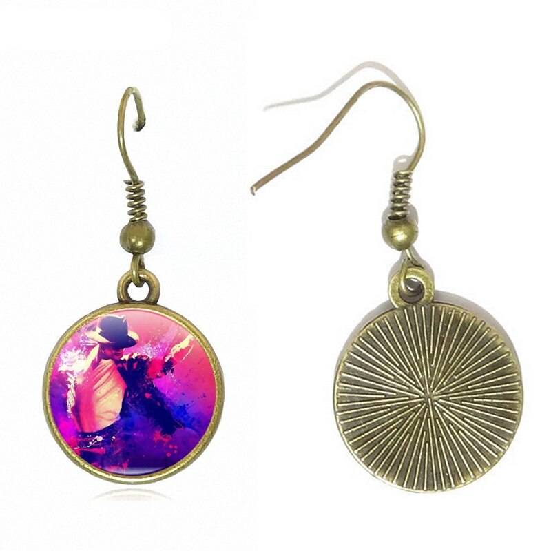 Mendittorosa Michael Jackson Glass Cabochon Bronze/Silver/Golden Clip Ear Hook Drop Earrings Jewelry For Girls Statement Maxi