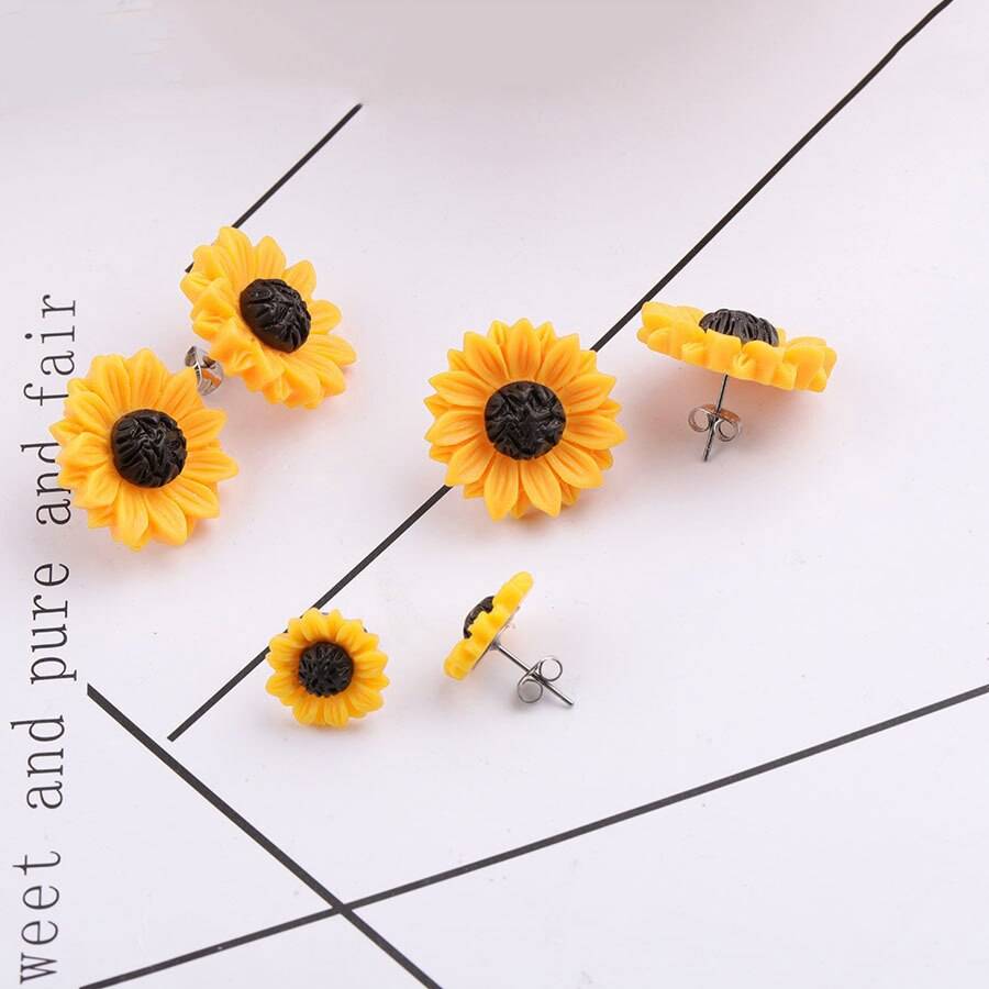 New Sunflower Earrings Stainless Steel Stud 15mm 18mm Resin Cabochon Earrings for Women Jewelry Gift