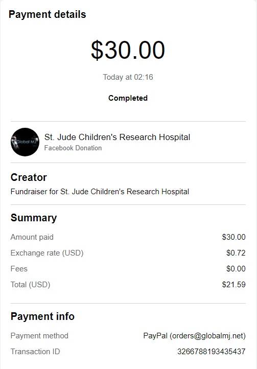 Donation to St Jude Children's Research Hospital