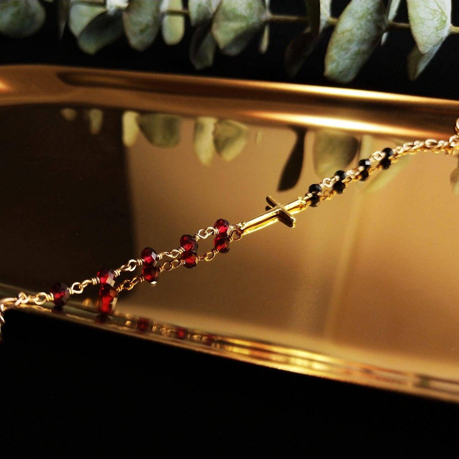 Lii Ji Genuine Garnet Black Spinel Bracelet 925 Sterling Silver Cross US14K GF Chain Bracelet Delicate Jewelry for New Year Gift