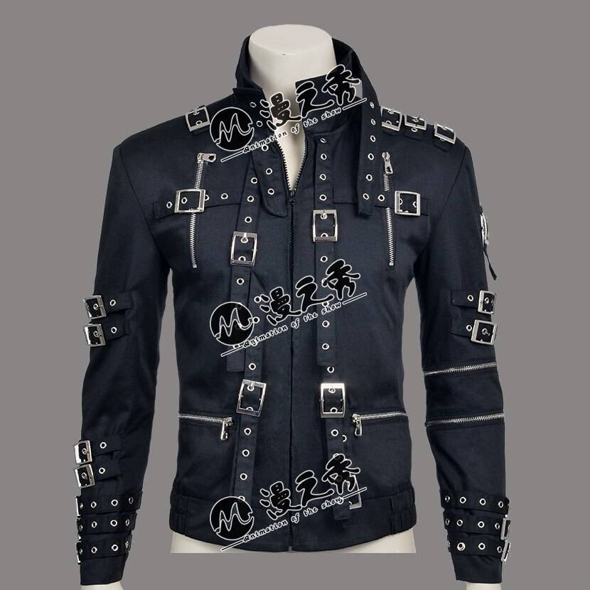 Rare MJ Michael Jackson Punk Rock Style BAD Tour Black Cotton & Leather Rivet Slim Zipper Jacket Outwear Costumes cb5feb1b7314637725a2e7: Cotton|Leather