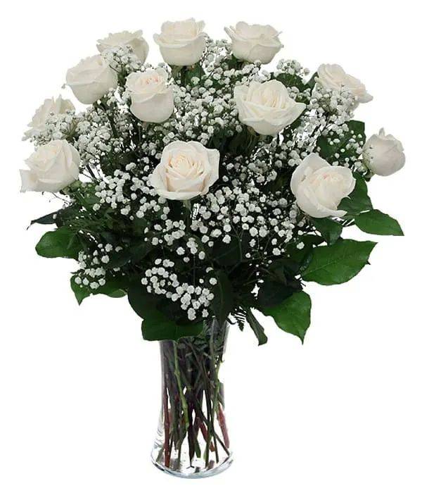 One Dozen White Long Stem Roses In A Vase_45
