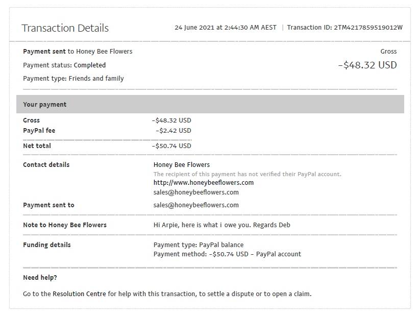 HoneyBee Flowers Payment transaction fee total