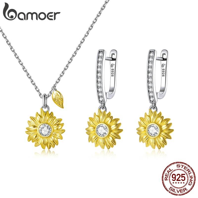 bamoer Silver Sunflower Jewelry Set 925 Sterling Silver Gold Color Lucky Necklace Earring Gift for Women Fashion Jewelry ZHS222 Jewellery Brand Name: bamoer