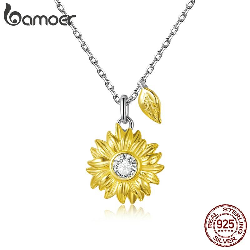 bamoer Silver Sunflower Necklace 925 Sterling Silver Gold Color Lucky Necklace Gift for Women Fashion Necklace Jewelry BSN212 Jewellery Brand Name: bamoer