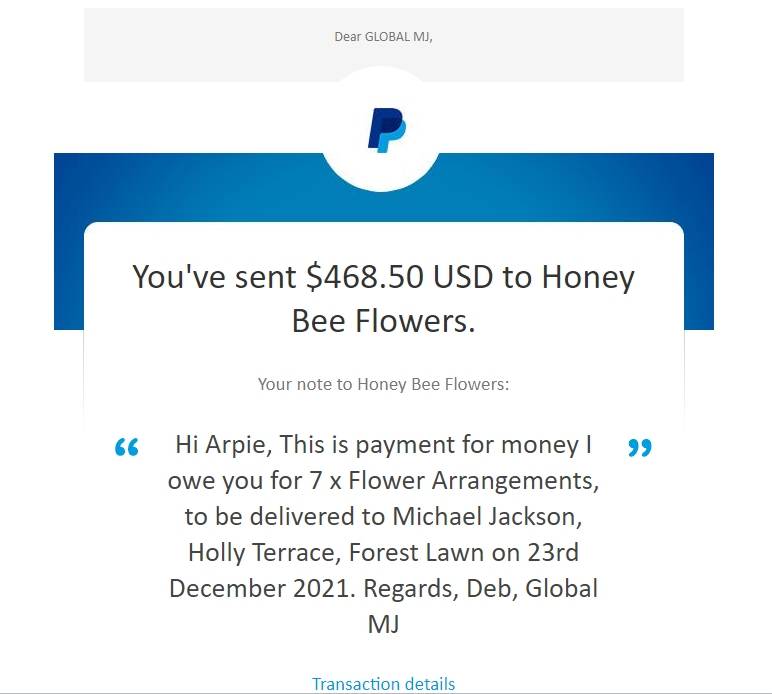 Payment to HoneyBee Flowers Dec 2021