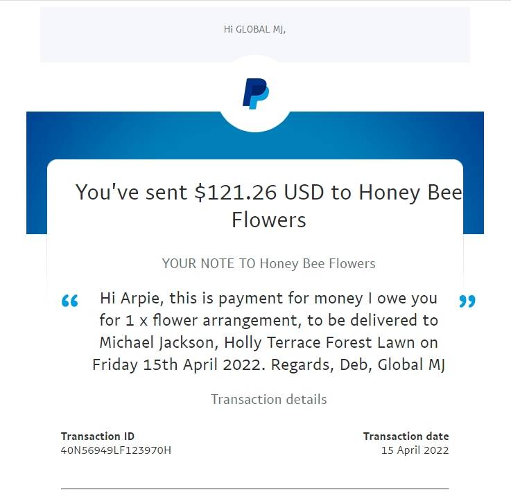 Payment to HoneyBee Flowers April 22