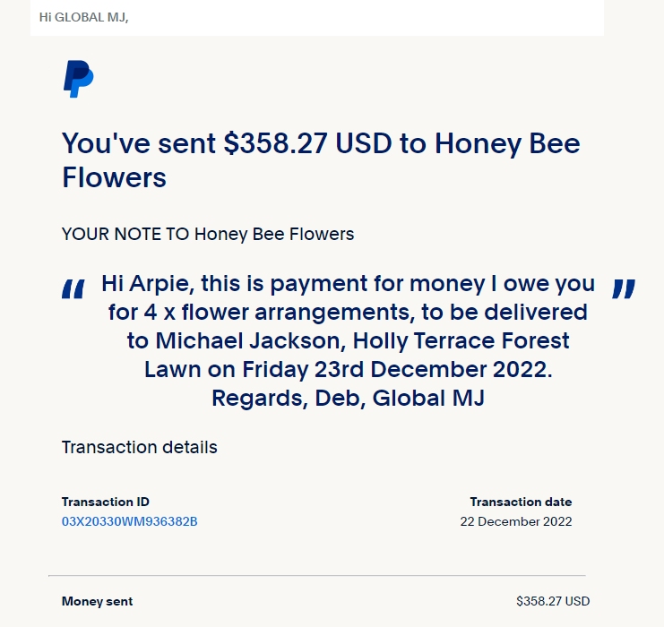 Payment to HoneyBee Flowers Dec 2022