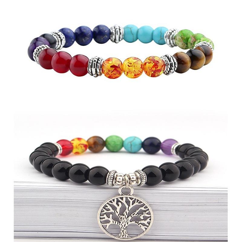 Natural Stone 7 Chakra Beaded Bracelet New Fashion Jewelry Trendy Tree of Life Charm Pendant Energy Tiger Bangle for Women Gifts