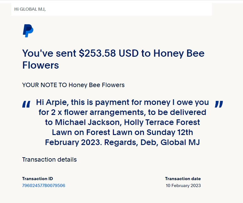 Payment to HoneyBee Flowers Feb 23