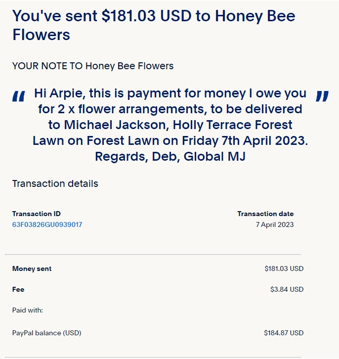 Payment to HoneyBee Flowers April 23