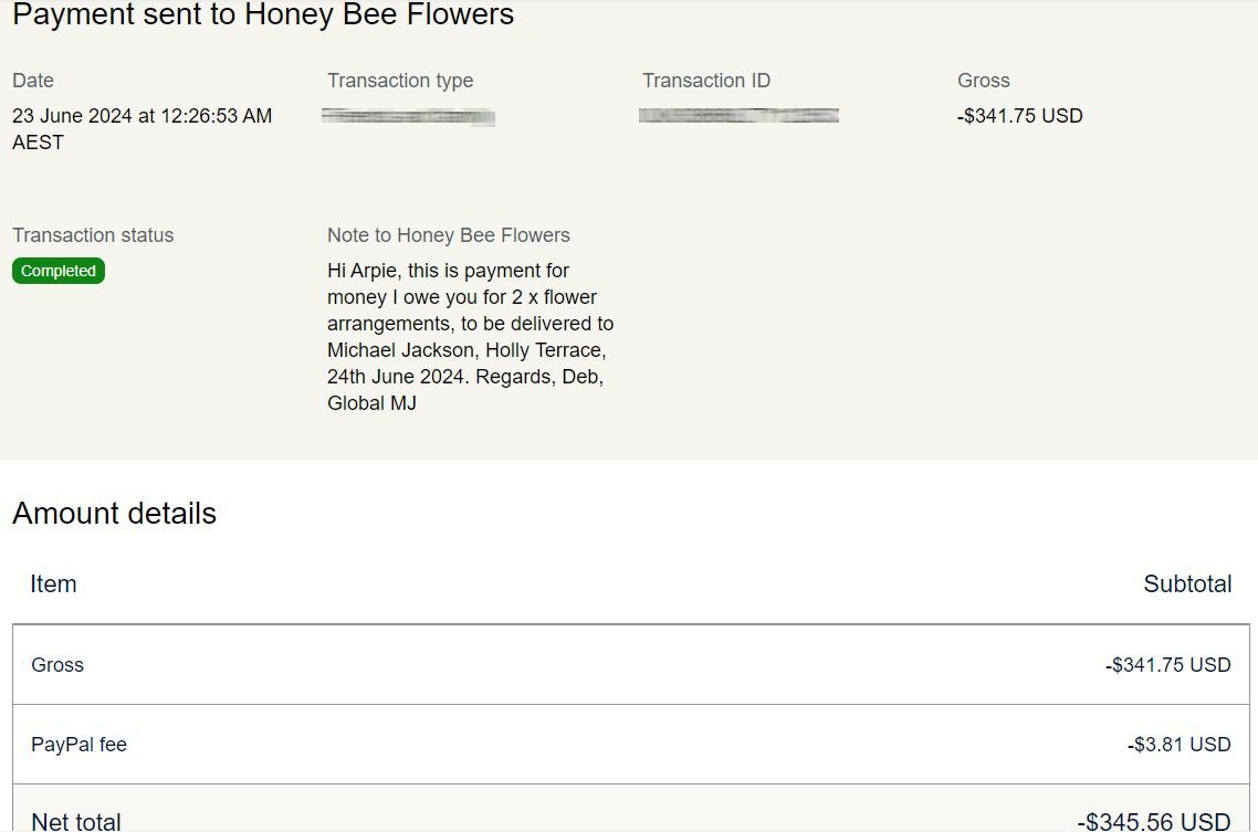 HoneyBee Flowers Payment 2 arrangements June 2024