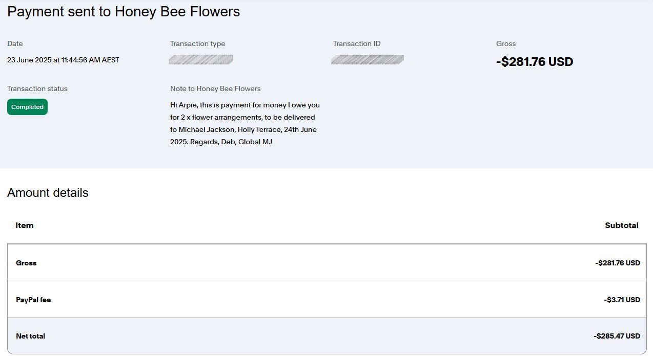 Payment to Honeybee Flowers 2015