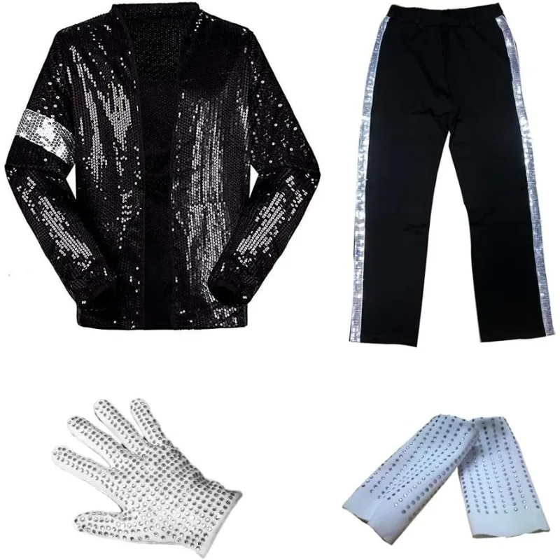 MJ Michael Jackson Coat Billie Jean Jacket & Glove Modern Dance Cosplay Costume Adult & Kids Sequins Performance Costume Set Costumes cb5feb1b7314637725a2e7: Black