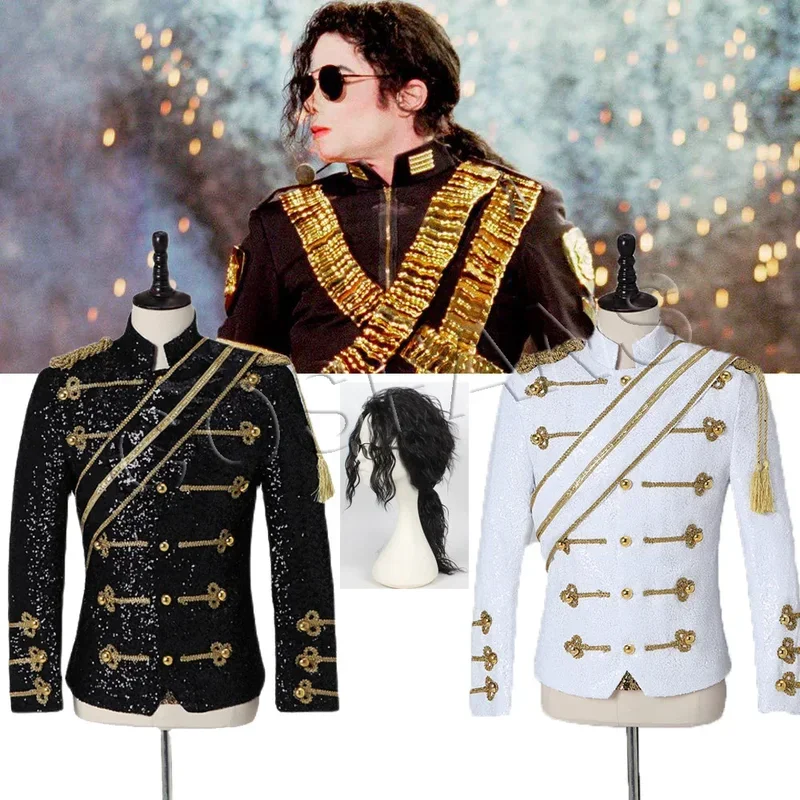 New Michael men clothing fashion slim MJ Michael Jackson coat dance Sequins suit jacket stage singer costumes coaplay costum#1#W Costumes cb5feb1b7314637725a2e7: Black coat|White coat|Wig onesize