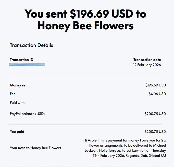 Payment to HoneyBee Flowers Feb 26